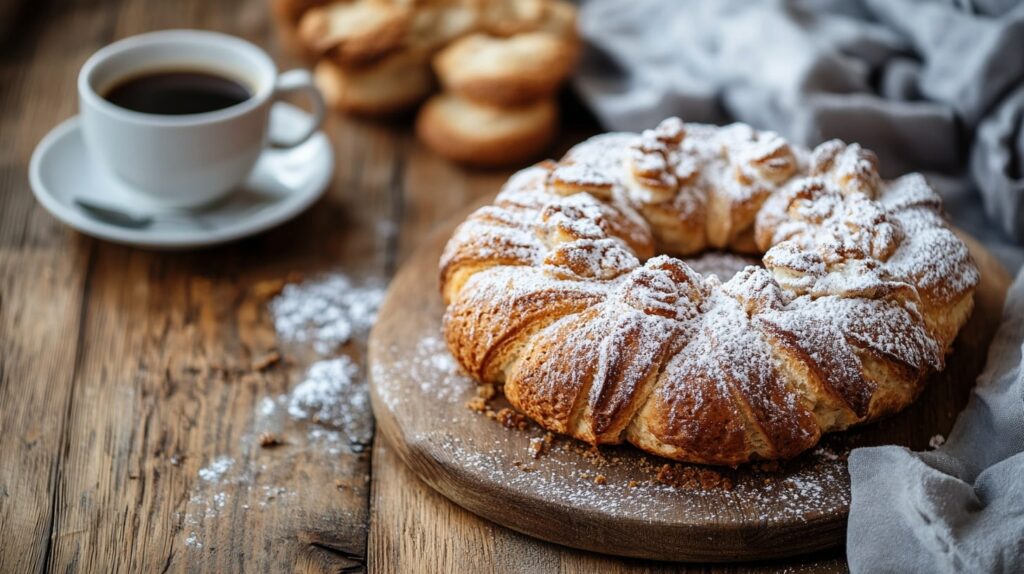 Freshly baked Nussgipfel with powdered sugar and a cup of coffee in a Swiss bakery