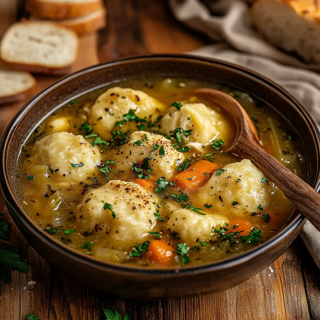 A bowl of chicken dumpling soup on a rustic wooden table, featuring fluffy dumplings, chunks of chicken, carrots, and celery in a golden broth, garnished with parsley