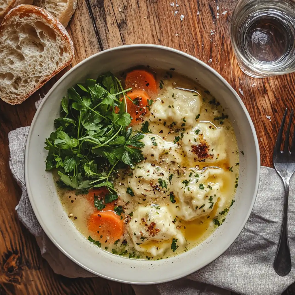 A bowl of chicken dumpling soup served with crusty bread and a light salad on a styled dining table, garnished with fresh parsley