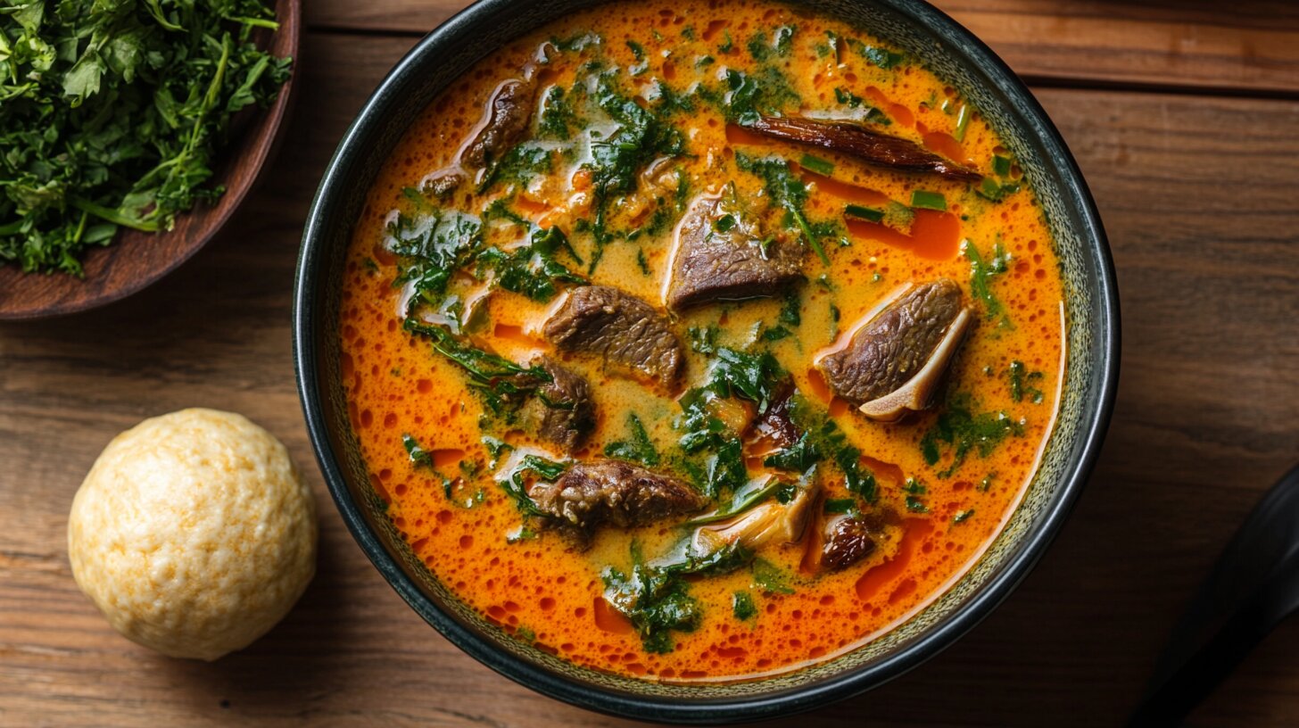 A bowl of egusi soup with leafy greens, beef, and fish, served with a ball of fufu