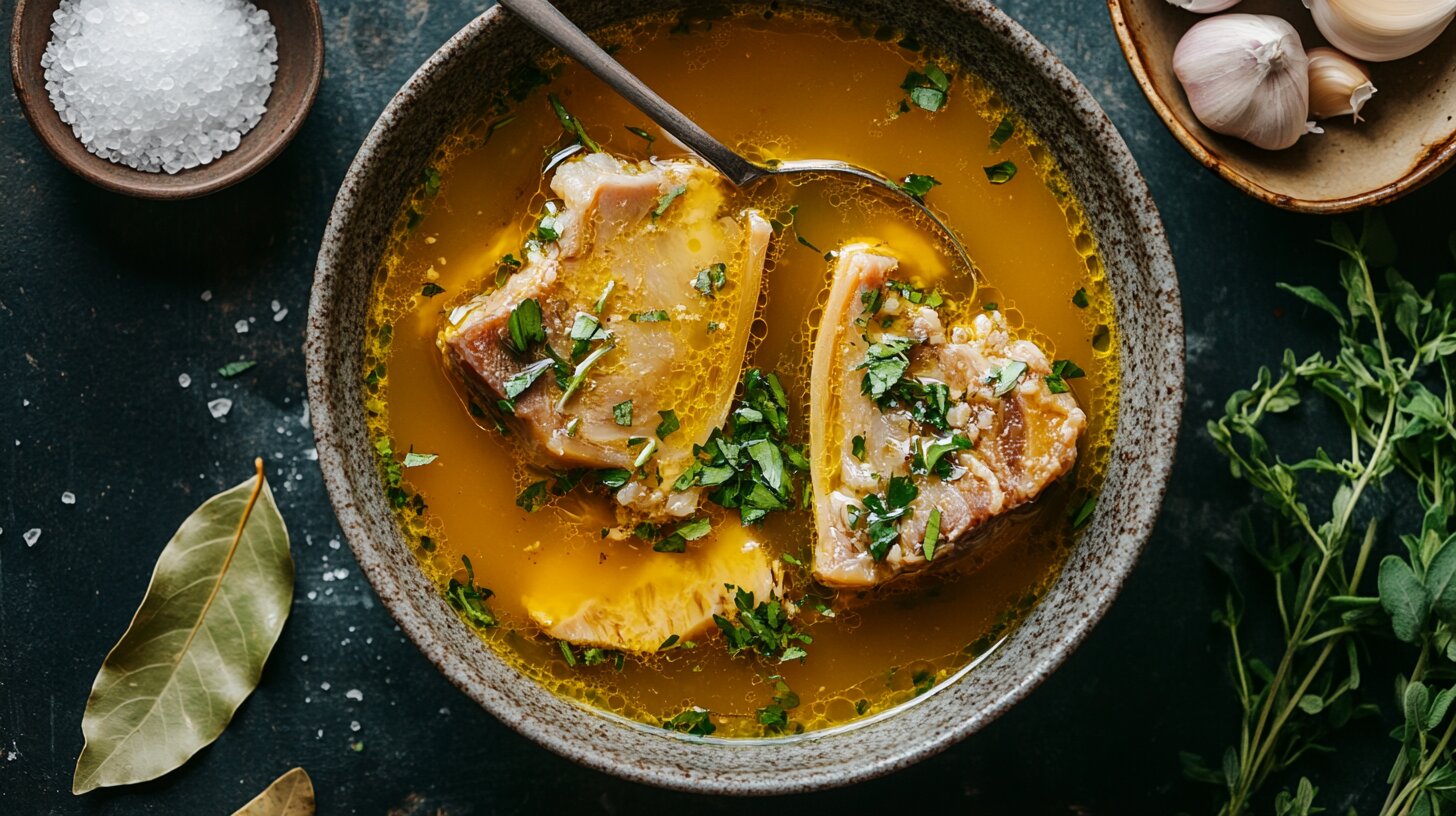 Golden bone broth in a bowl garnished with herbs, highlighting its nutritional benefits and gelatinous texture