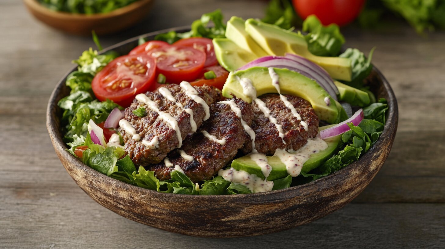 A colorful burger bowl with fresh veggies, a beef patty, and creamy sauce