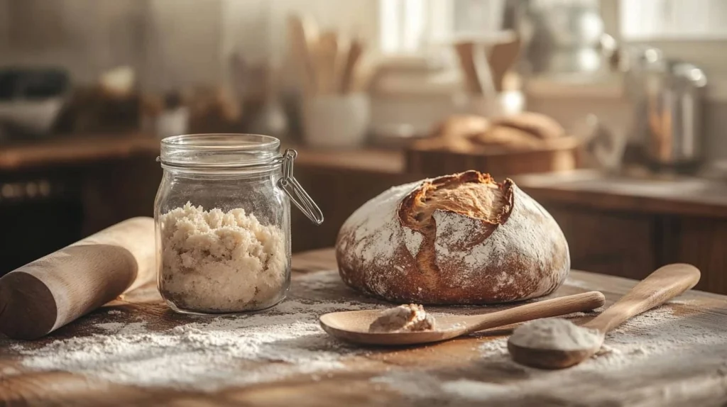 A jar of sourdough discard next to fresh sourdough bread on a rustic wooden countertop