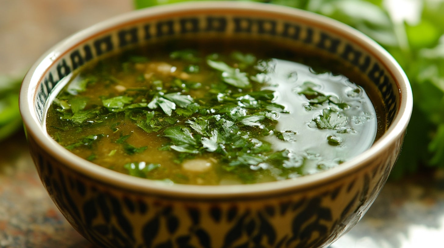 A warm bowl of soup with steam and fresh herbs