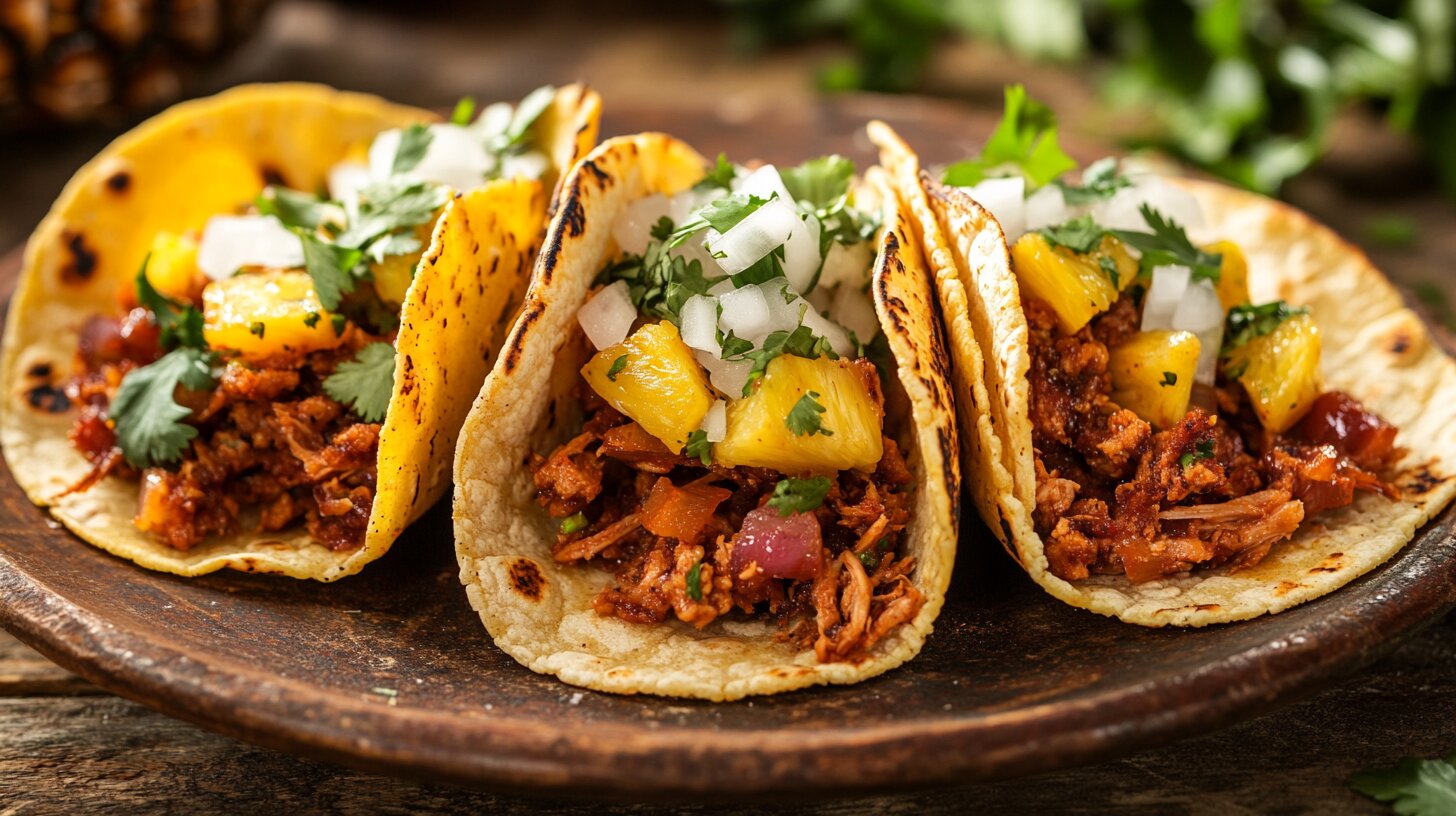 Al pastor tacos with cilantro, onions, and pineapple on corn tortillas