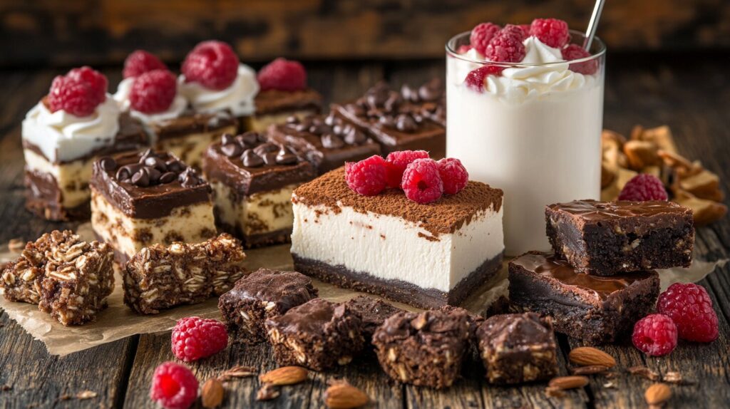 Assorted high protein desserts including brownies, protein bars, cheesecake, and yogurt parfait