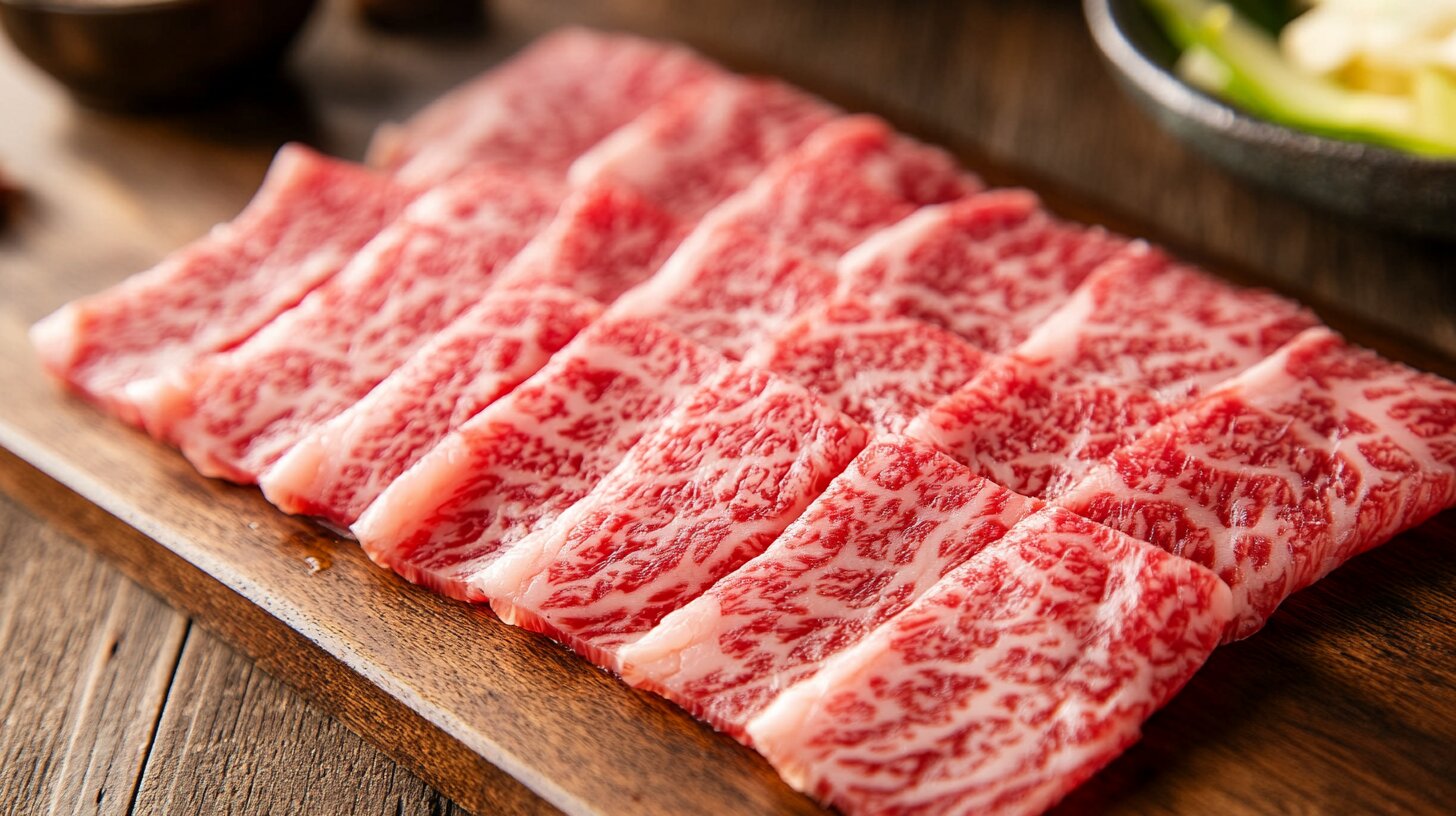 Close-up of thinly sliced shaved beef with marbling on a cutting board