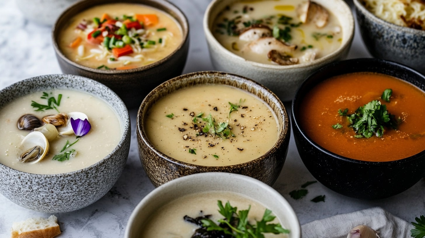 Collage of French Onion Soup, Pho, Ramen, and Clam Chowder