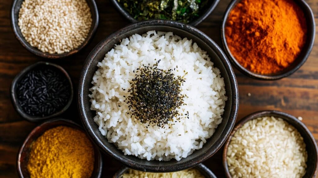 Colorful rice seasoning ingredients and cooked rice with steam