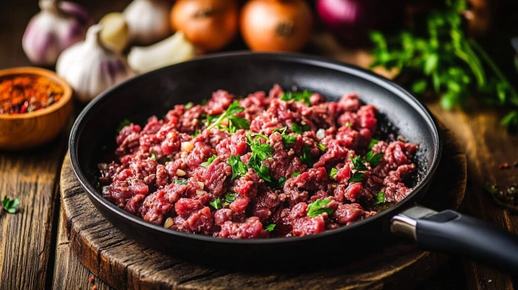 Cooked minced beef in a pan with fresh herbs and spices on a wooden table