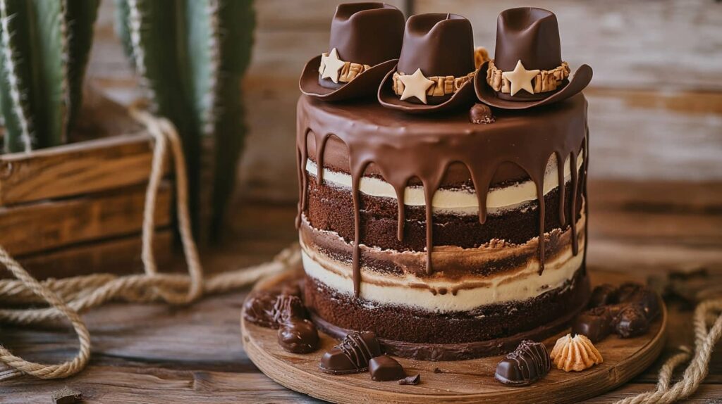 Rustic cowboy-themed cake with Western decorations