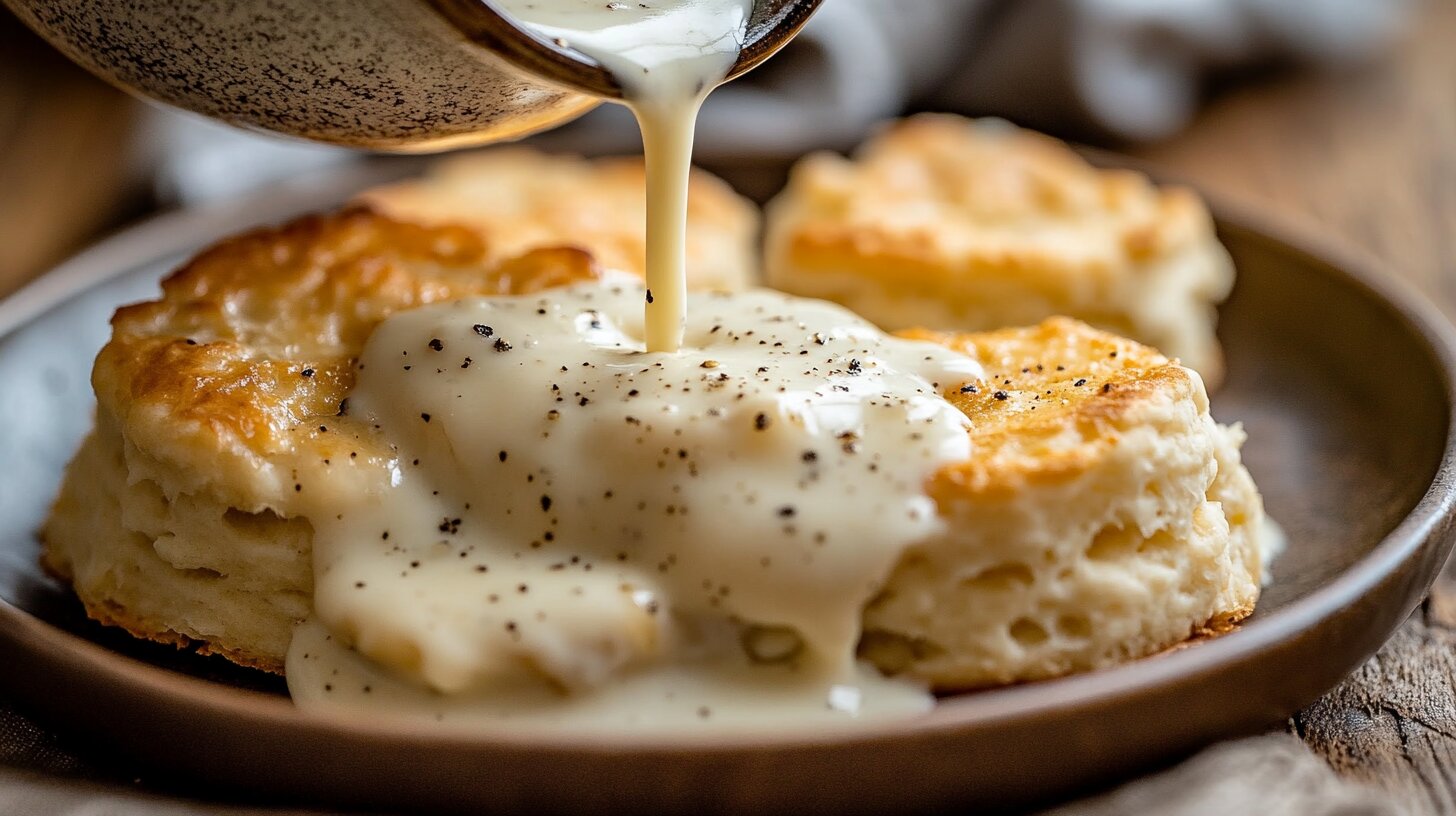 Creamy white gravy with black pepper being poured over golden brown biscuits on a plate