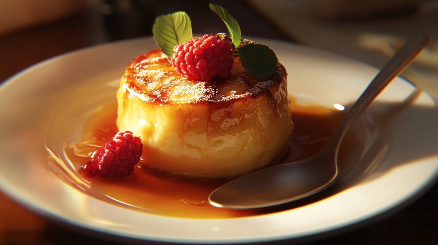 Crème brûlée with a caramelized sugar top being cracked with a spoon.