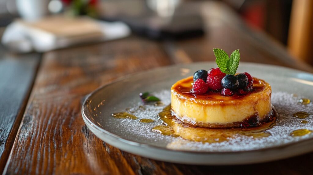 Crème brûlée with a golden sugar crust garnished with mint and berries