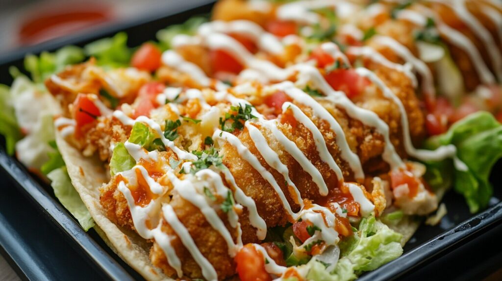 Crispy smash tacos with melted cheese, lettuce, tomatoes, and hot sauce on a wooden plate