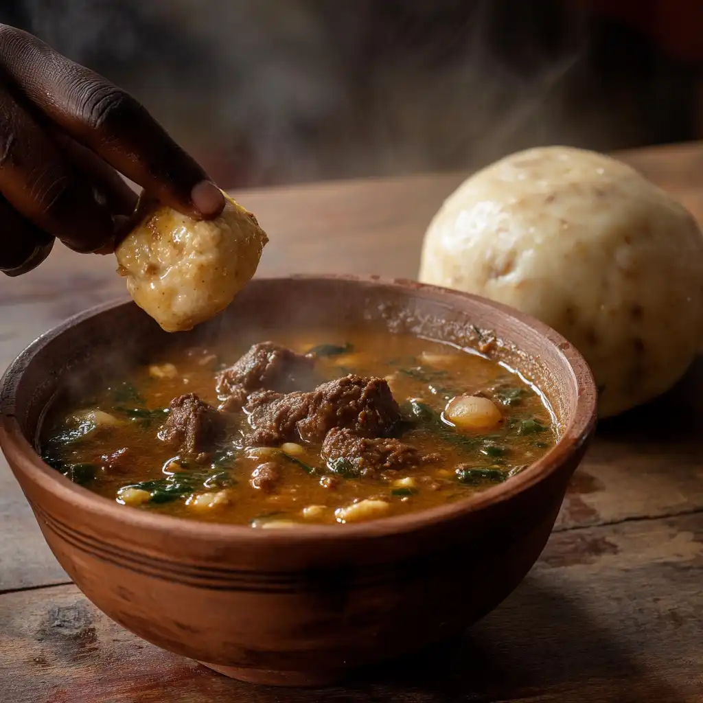 Egusi soup served with a ball of Fufu on a wooden table, with a hand dipping the Fufu into the soup