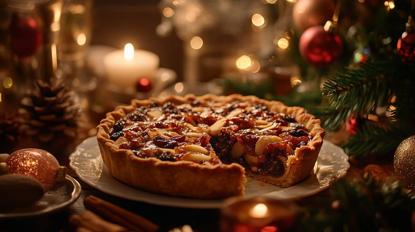 Freshly baked mincemeat pie with dried fruits and nuts on a festive table.