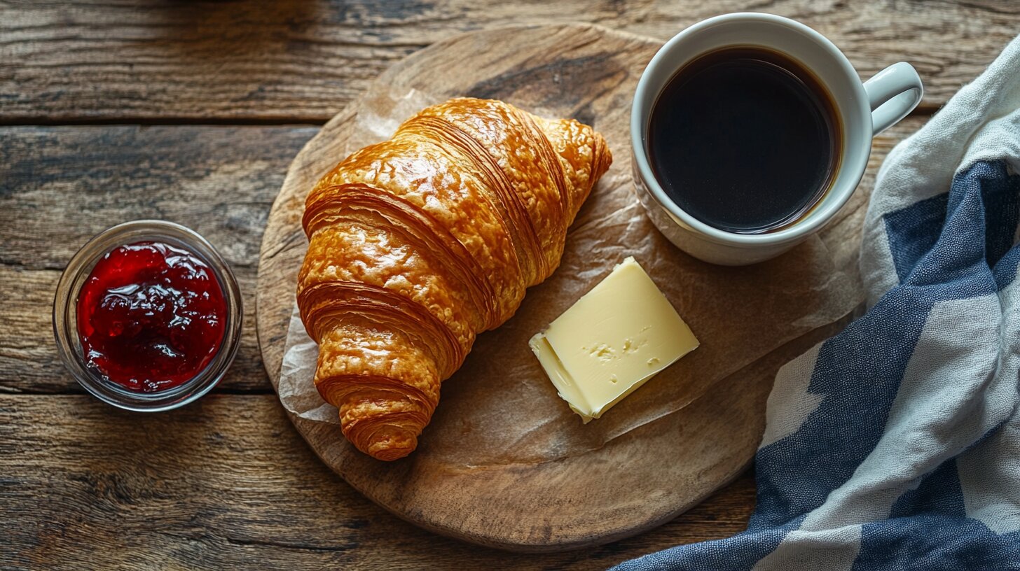 Flaky croissant with coffee, butter, and jam on a breakfast table