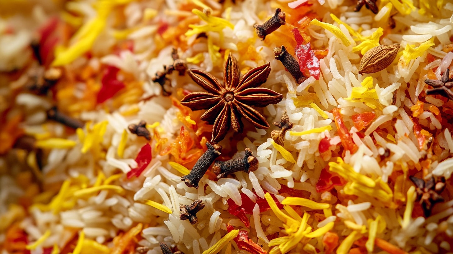 Flavorful basmati rice garnished with colorful rice spices like saffron, cumin, and turmeric