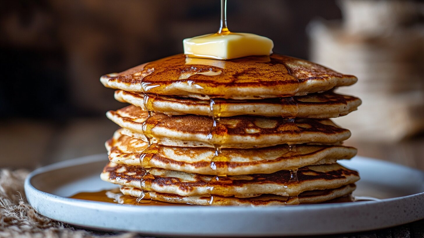 Fluffy sourdough discard pancakes with butter and syrup on a rustic counter