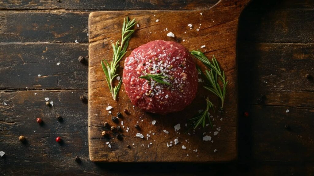 Fresh raw minced beef on wooden cutting board with herbs and spices