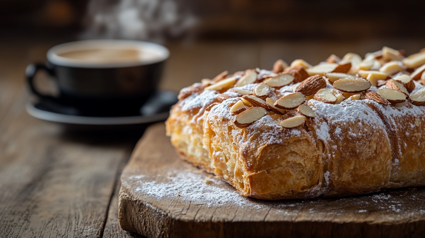 Freshly baked Mandelgipfel with almonds and powdered sugar