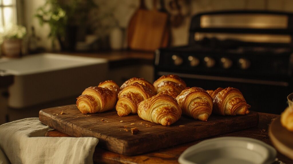 Freshly baked Swiss gipfeli on a wooden board