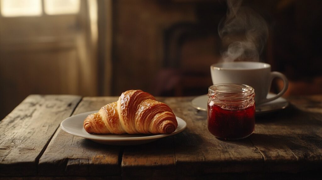 Freshly baked croissant on a rustic table with coffee and jam