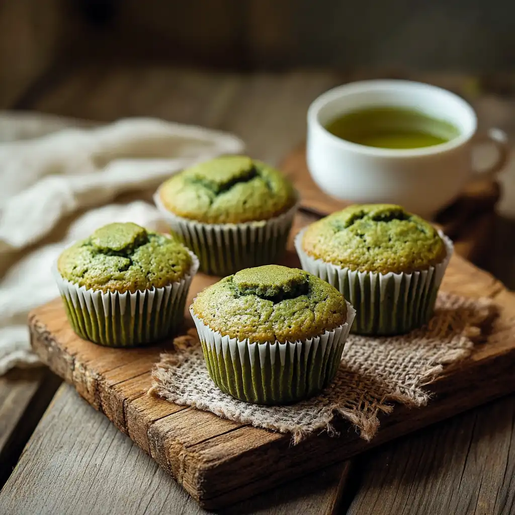 Freshly baked matcha muffins made with almond flour, displayed on a wooden table with a cup of tea, showcasing their soft green color