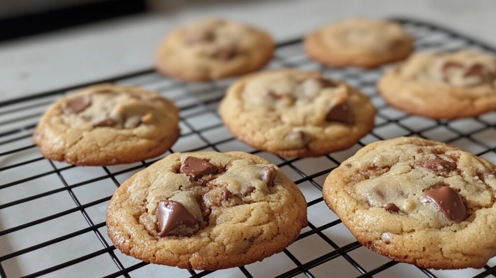 Freshly baked soft chocolate chip cookies on a cooling rack