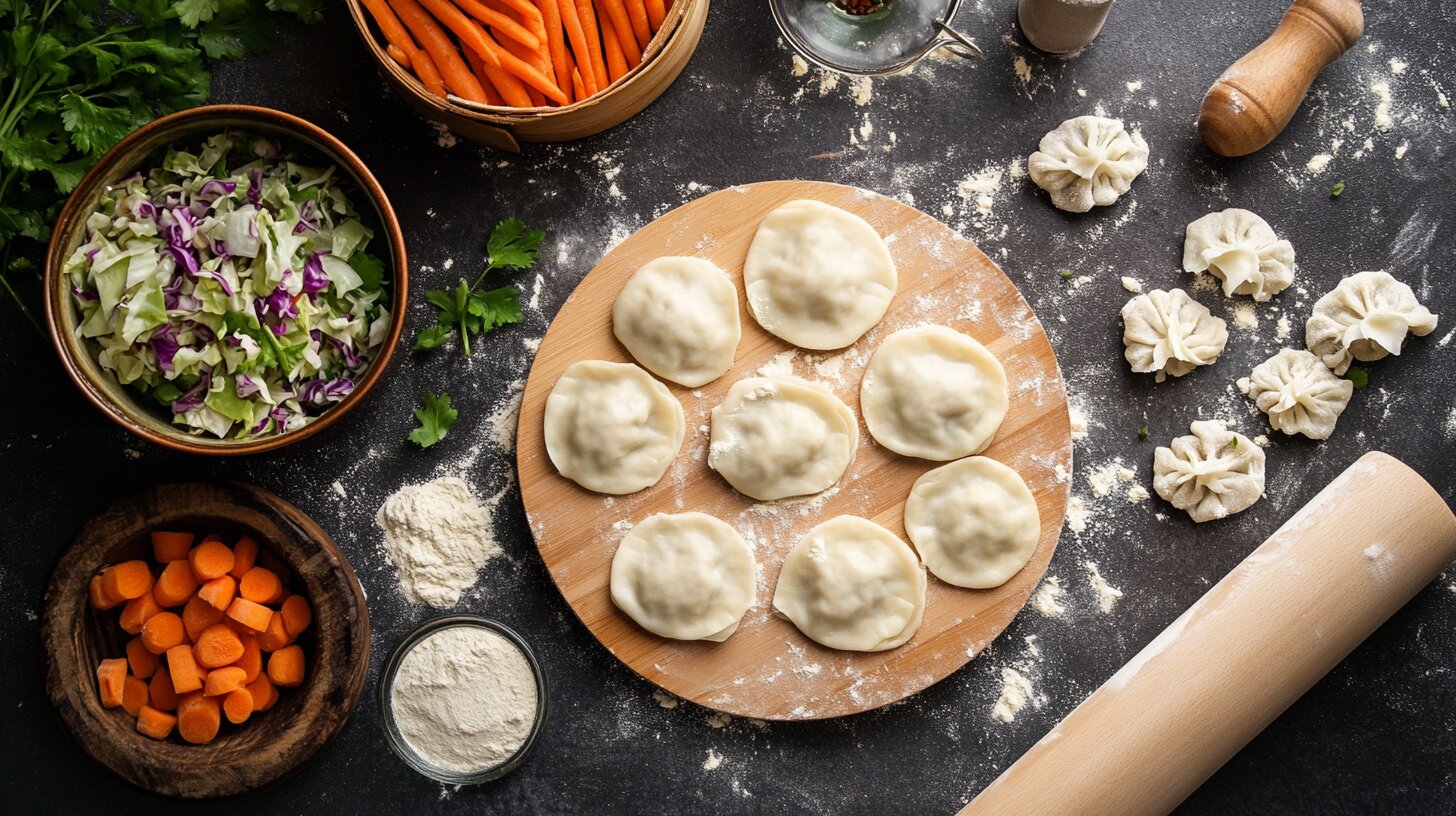 Freshly rolled dumpling dough and vegan chicken filling with vegetables