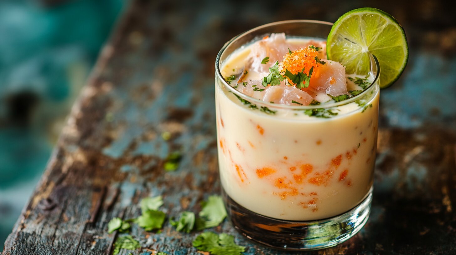 Glass of leche de tigre garnished with lime and cilantro