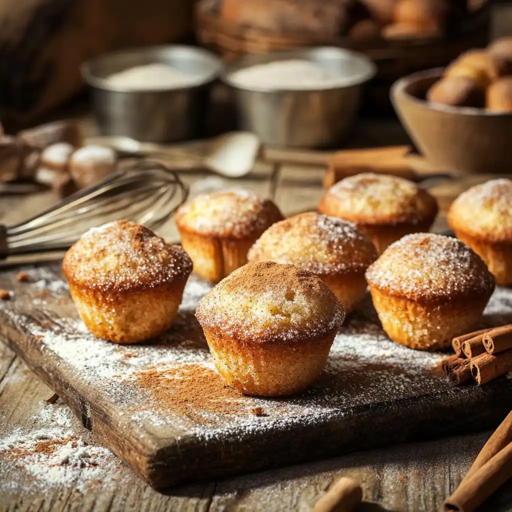 Golden-brown cinnamon sugar muffins on a wooden table with cinnamon and sugar sprinkled around