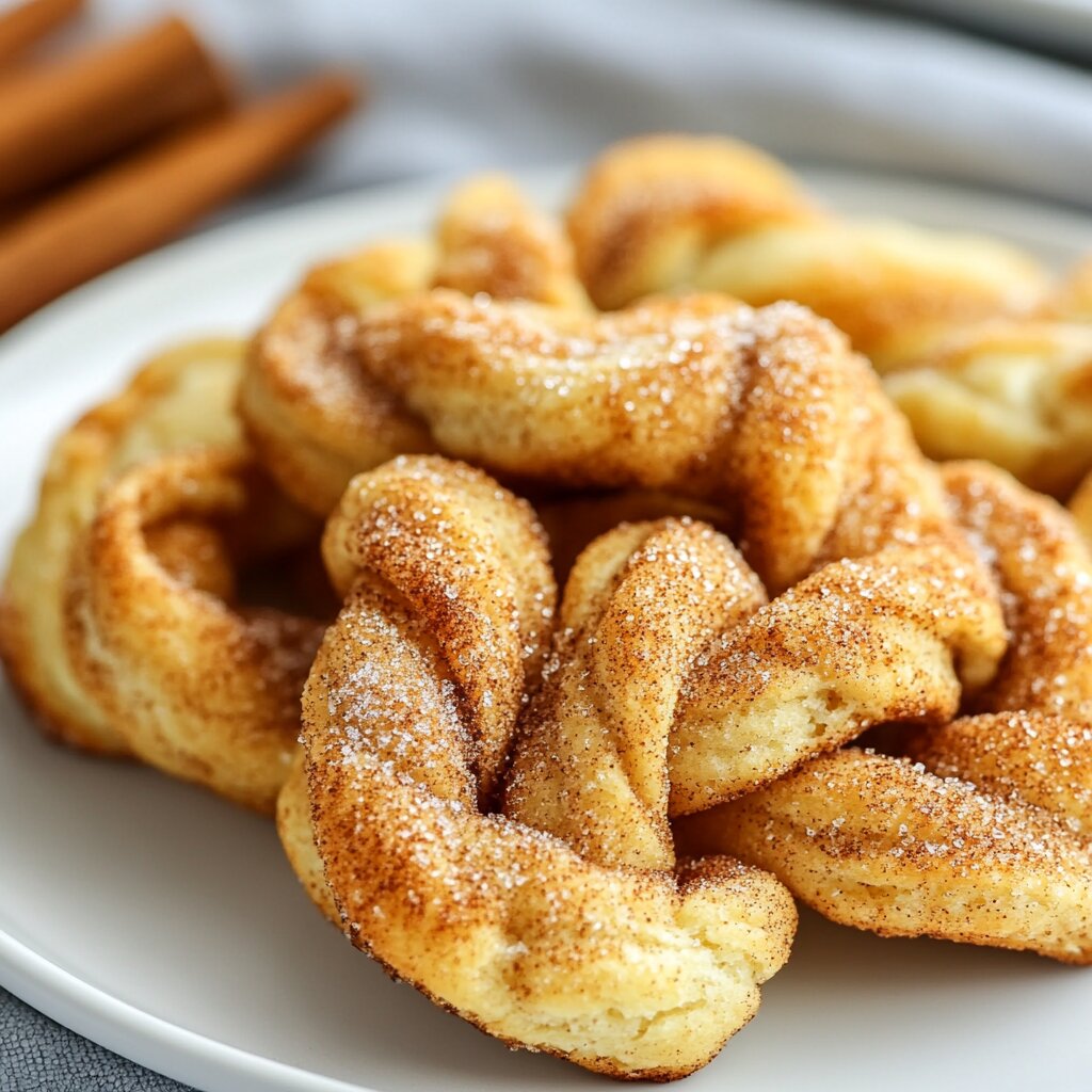 Golden-brown cinnamon twists sprinkled with cinnamon sugar on a white plate