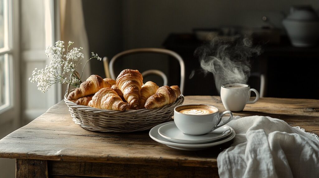 Golden, flaky French pastries including croissants and pain au chocolat on a breakfast table