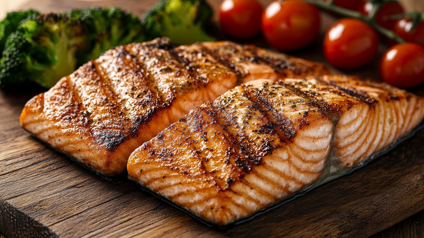 Grilled salmon fillet with roasted broccoli and cherry tomatoes for a PCOS dinner