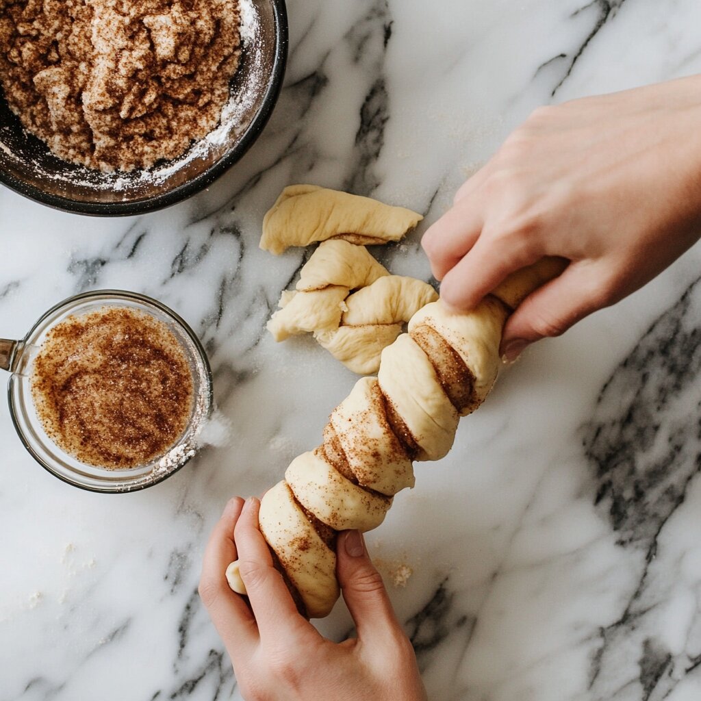 Hands twisting dough to make homemade cinnamon twists with a bowl of cinnamon-sugar mixture nearby