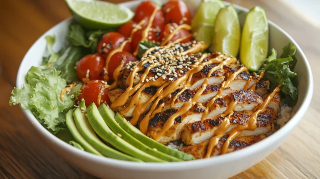 Healthy burger bowl with grilled chicken, avocado, lettuce, and cherry tomatoes