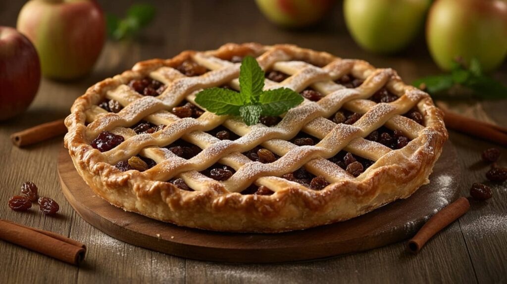 Healthy mincemeat pie with lattice crust and fresh garnishes on a rustic table