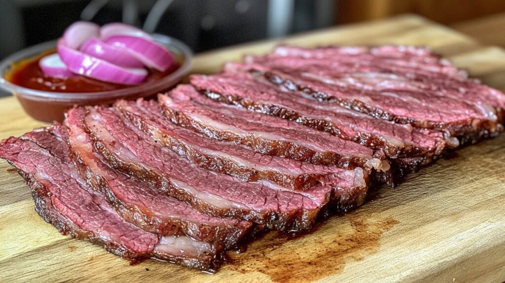 Juicy sliced brisket served on a wooden board with BBQ sauce and pickled onions.