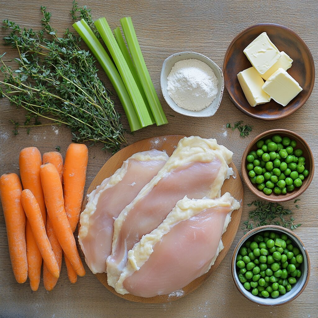 Ingredients for chicken and dumplings, including chicken, flour, vegetables, butter, and herbs