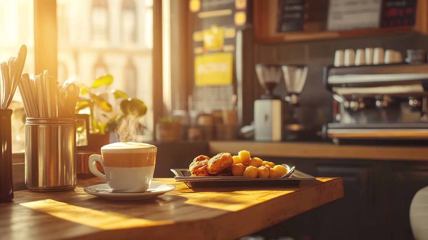 Italian café with cappuccino and cornetti for breakfast