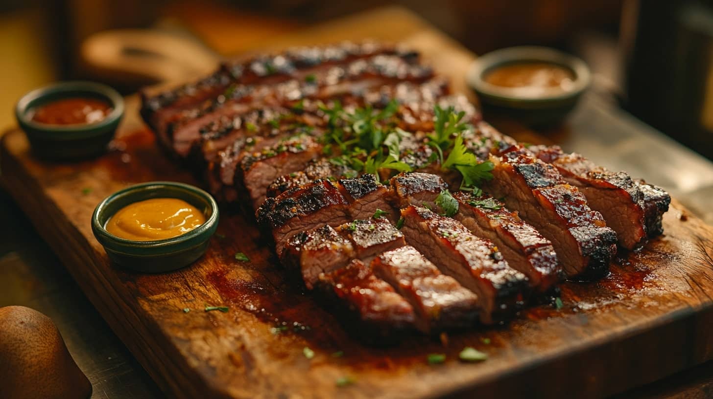 Juicy sliced brisket served on a wooden board with BBQ sauce and mustard, garnished with parsley for a perfect BBQ experience