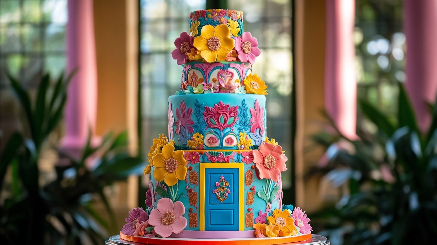 Encanto-themed cake with bright colors and floral decorations.