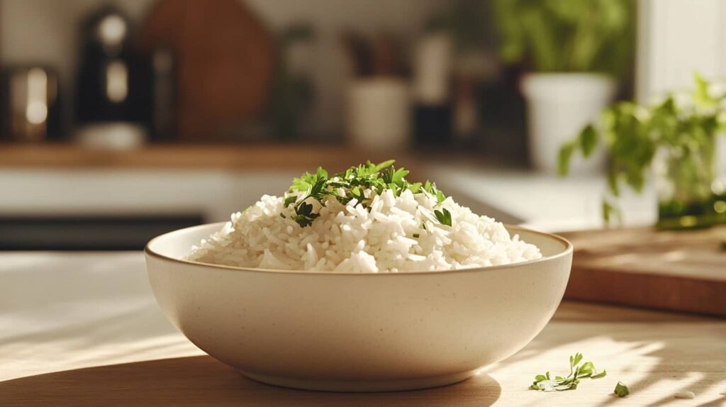 A bowl of perfectly cooked fluffy white rice garnished with parsley