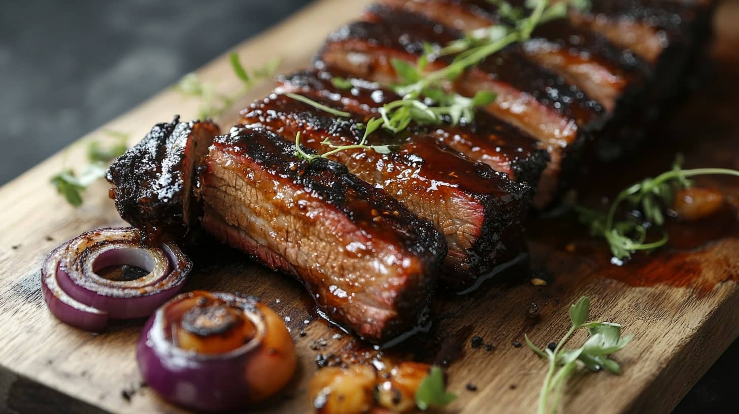 Sliced smoked brisket with BBQ glaze and garnishes