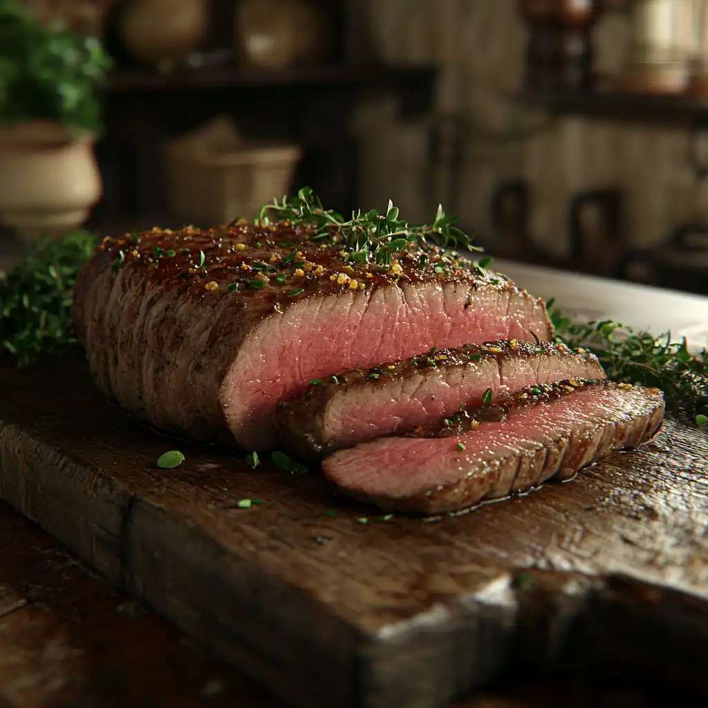 Perfectly cooked round steak with a golden-brown crust and juicy pink center on a wooden cutting board