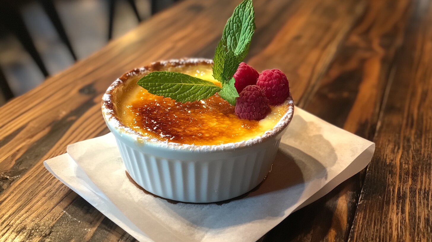 Perfectly served crème brûlée with caramelized sugar, mint, and raspberries