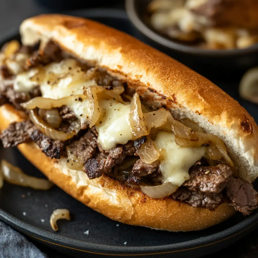 Philly cheesesteak sandwich with shaved steak, melted cheese, and sautéed onions in a hoagie roll