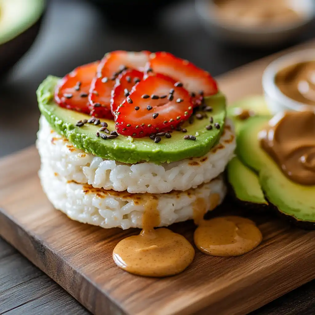 Plain rice cakes with avocado, peanut butter, and strawberries as healthy topping options